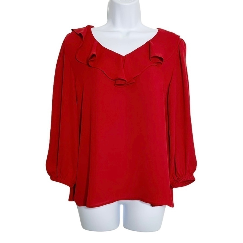 Loft Red Chiffon‎ Ruffle Neck Blouse Top NWT